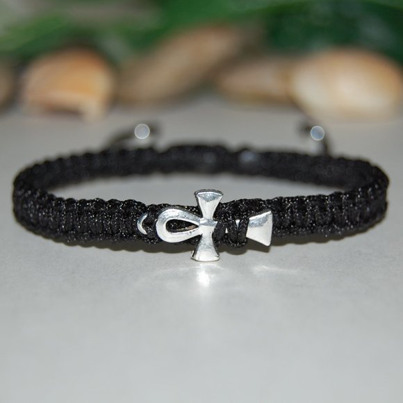 Ankh Cross Bracelet,Black String Bracelet,Silver Ankh Cross Bracelet,Ankh - Picture 2 of 3